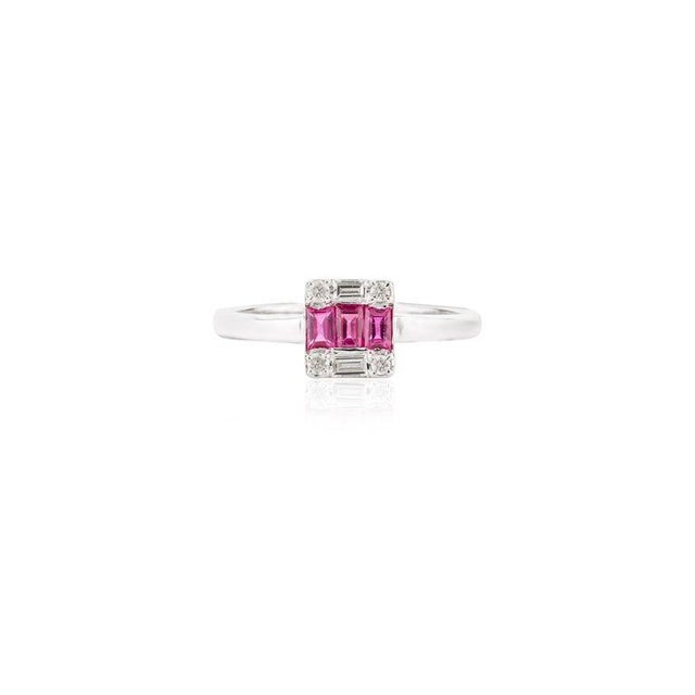 Dainty Ruby Baguette and Diamond Ring Studded in 14k Solid White Gold Size 7 For Sale - Image 4 of 9