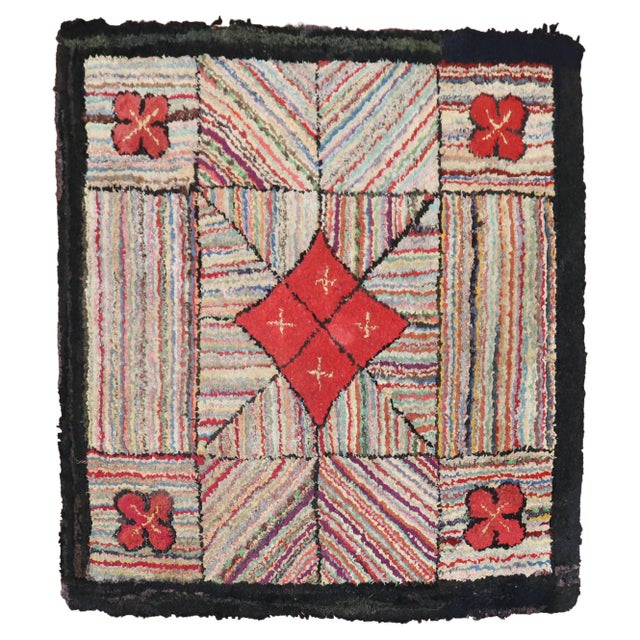 Mid 20th Century Square American Hooked Scatter Rug - 3'4" x 3'4" For Sale - Image 15 of 18