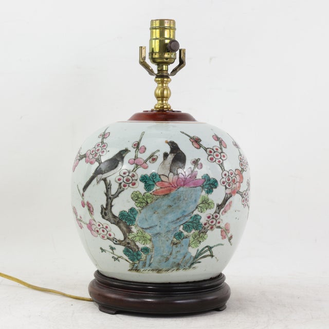 Antique Famille Rose Porcelain Vase Lamp With Birds on Flowering Plum Branches and Rockery For Sale - Image 14 of 14