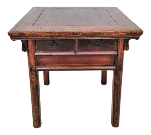 Solid Wood Asian Chinoiserie 2 Drawer Side Occasional Lamp Nightstand Table