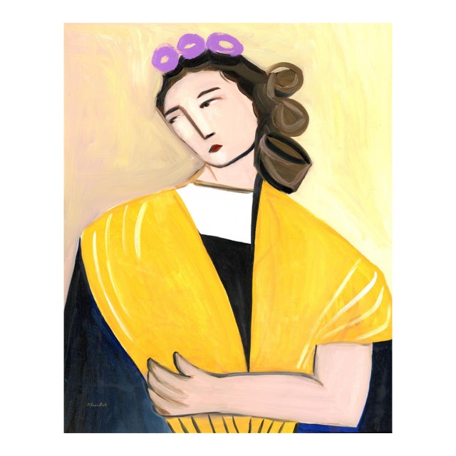 Yellow Shawl, Mid Century Modern Inspired Oil Portrait Painting by Alexandra Swistak For Sale
