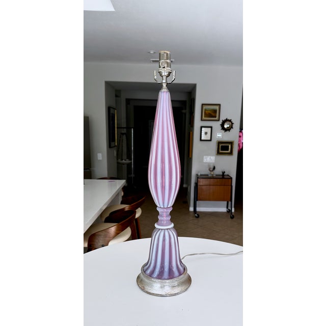 Large Raspberry Lavender Opaline Murano Glass Ribbed Table Lamp by Barovier For Sale In Palm Springs - Image 6 of 16