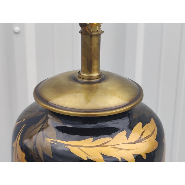 Ceramic Vintage Table Lamp With Black and Embossed Gold Leaf Design For Sale - Image 7 of 8