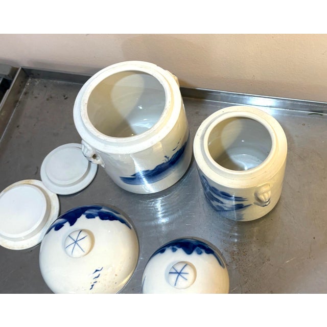 Ceramic Blue/White Hand-Painted Asian Ceramic Canisters Set of Two For Sale - Image 7 of 7
