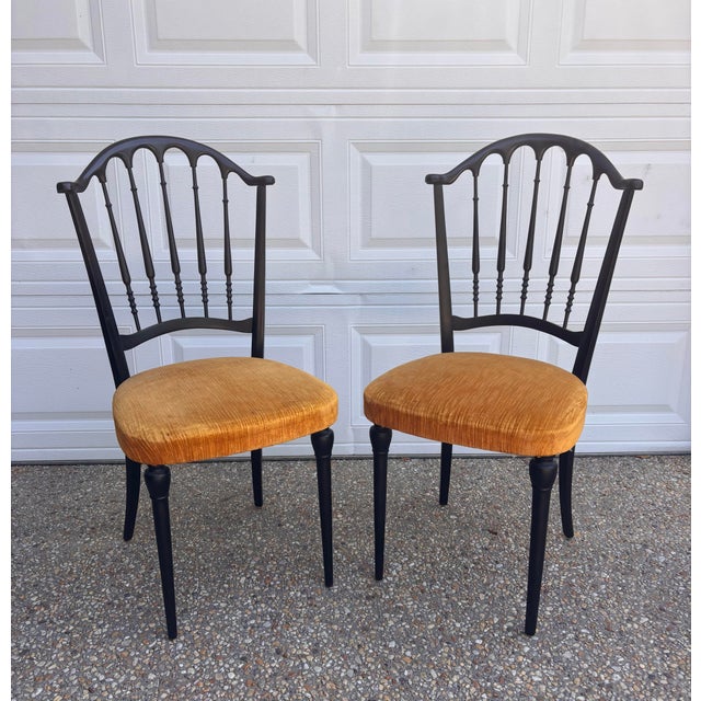 Absolutely LOVELY pair of vintage mid century petite Italian chiavari chairs with curved back. Satin black finish is in...