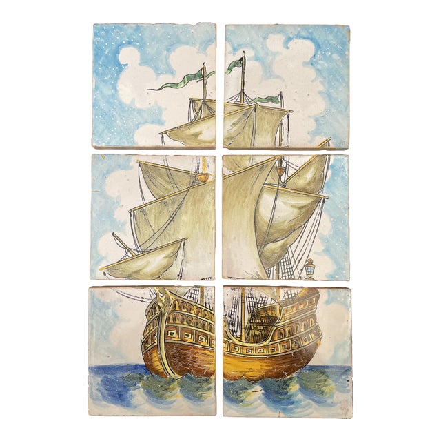 Hand Painted Caravel Sailing Ship Polychrome Portuguese Azulejos Tile Mural - Set of 6 For Sale