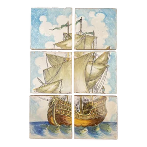 Hand Painted Caravel Sailing Ship Polychrome Portuguese Azulejos Tile Mural - Set of 6