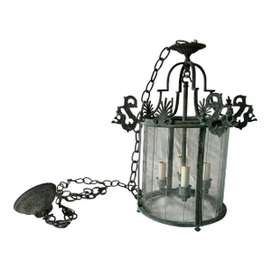 1920s Italian Patinated Bronze & Glass Pendant Chandelier Lantern