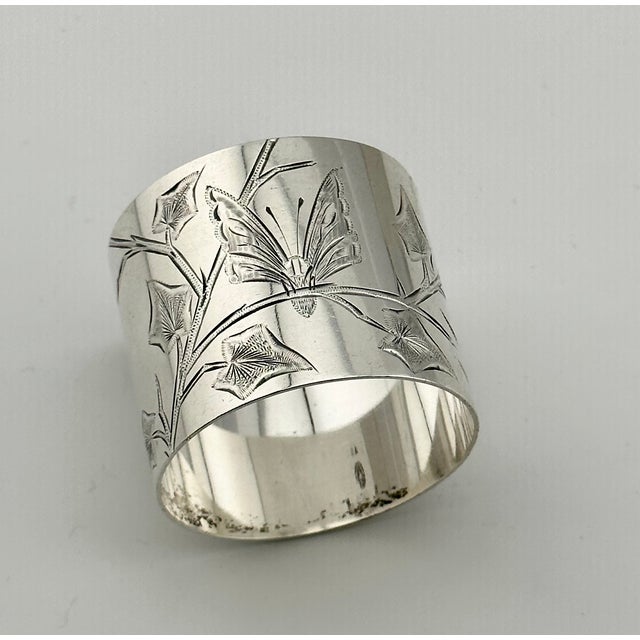 Metal Antique American Hand Engraved Christmas 1882 Sterling Silver Owl & Butterfly Napkin Ring for "Alfred" For Sale - Image 7 of 17