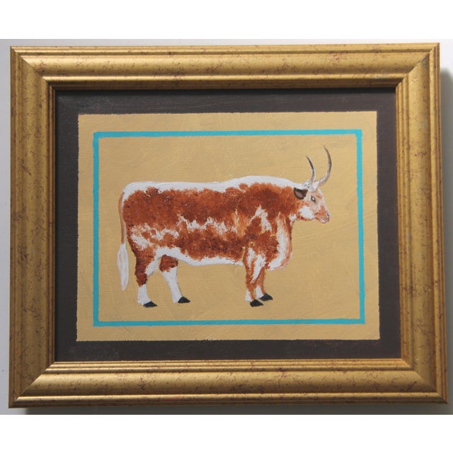 American Bull Cow Western Americana Folk Art English Traditional Black White Gray Original Oil Painting by Cleo Plowden For Sale - Image 3 of 3