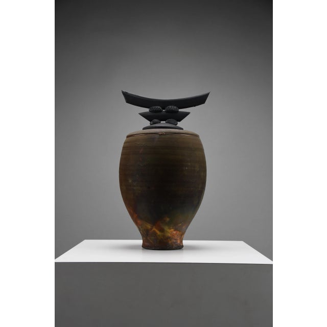 Raku Ceramic Vessel with Brass Detail by Bruce Johnson, 1999 For Sale - Image 13 of 14