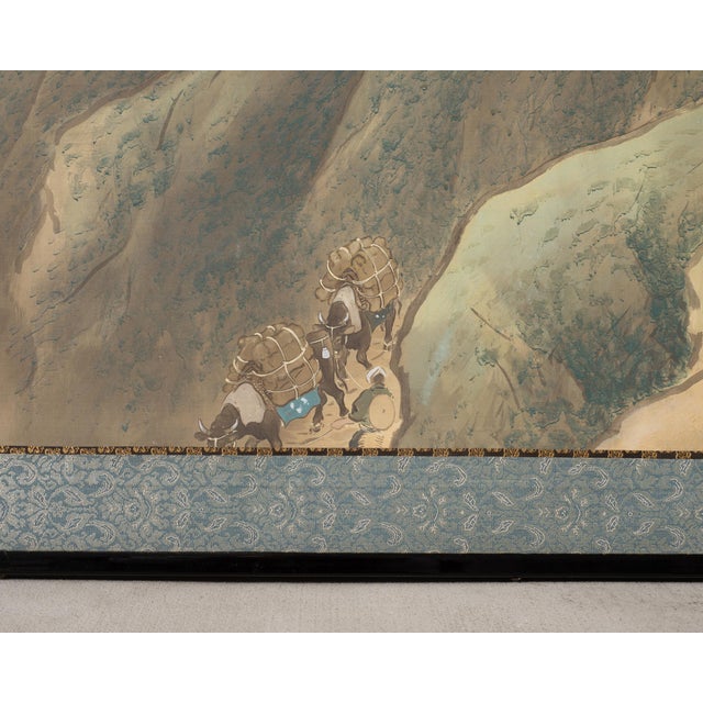 Early 20th Century Japanese Taisho Two-Panel Landscape Screen Traveler Waystation For Sale - Image 5 of 18