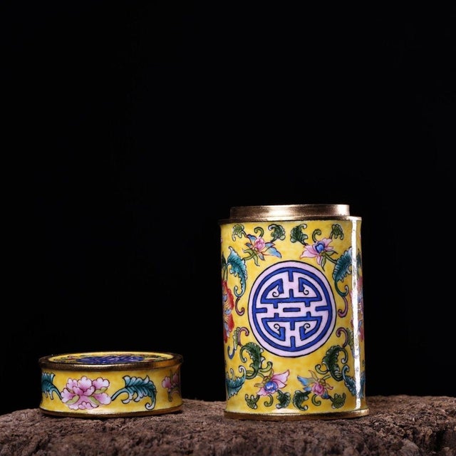 Paint Vintage Painted Enamel Toothpick Holder | Yellow Ground Floral | Chinese Trinket Box For Sale - Image 7 of 9