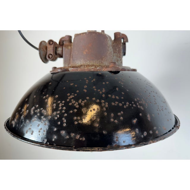 Industrial Black Enamel and Cast Iron Cage Pendant Light from Elektrosvit, 1960s For Sale - Image 4 of 18