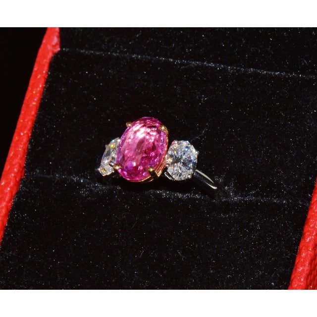 Late 20th Century Gia Certified 3.68Ct Madagascar Pink Sapphire E VVS Diamond Solid 950 Platinum 18k Gold Ring, Size 6.5 For Sale - Image 11 of 15