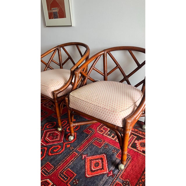 Wood 1960's Bamboo Chairs Tub Barrel Style on Casters Pink Cushions- A Pair For Sale - Image 7 of 12