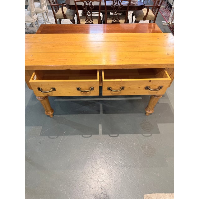 Wood Late 20th Century Country English Farmhouse Pine Console Table With Turned Legs and Brass Hardware For Sale - Image 7 of 11