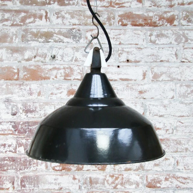 Vintage French Industrial Black Enamel Pendant Light For Sale - Image 4 of 5