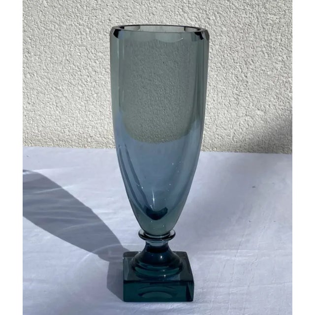 Vintage Mid 20th Century Slate Blue Glass Footed Vase For Sale - Image 9 of 9