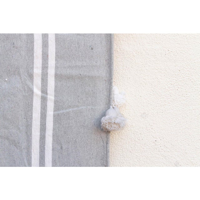 Dove Grey Striped Moroccan Pom Pom Blanket For Sale - Image 4 of 7