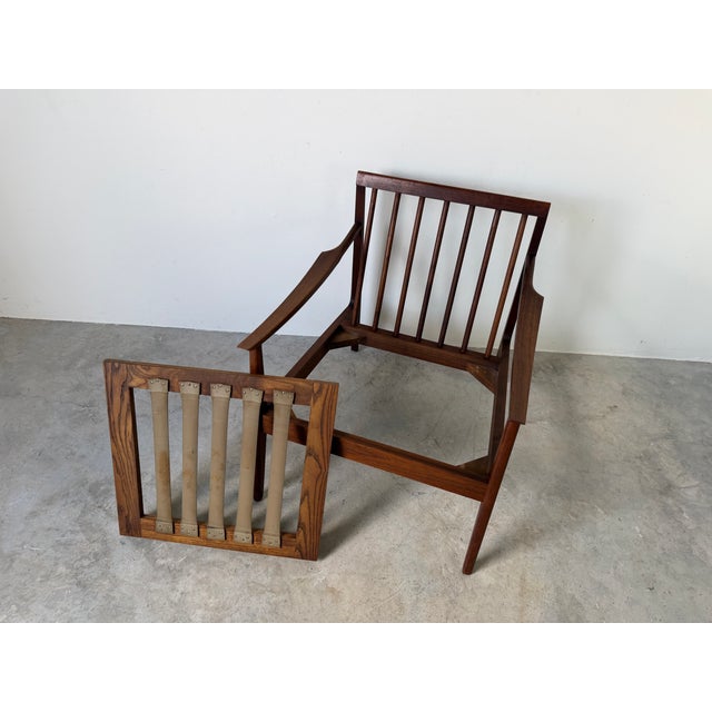Mid Century Ib Kofod Larsen Style Scandinavian Lounge Chair With Blue Leather Cushions For Sale - Image 15 of 18