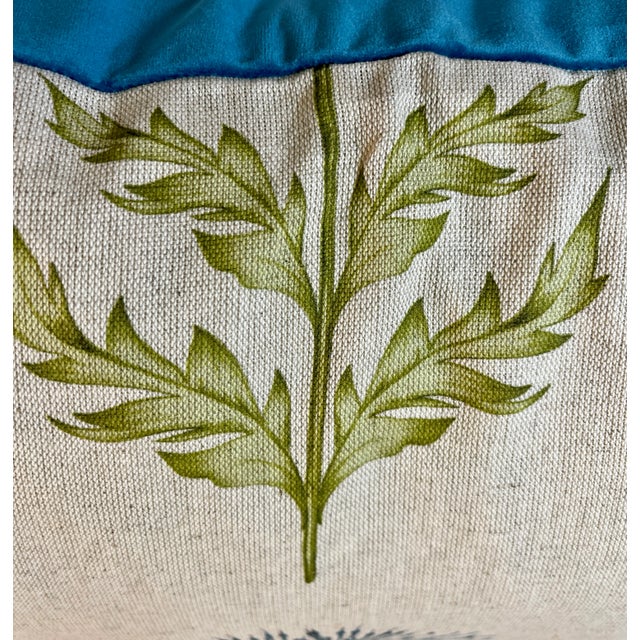 Textile Large Bolster Pillow Adorned With a Stately Blue Thistle Floral Pattern on a Linen Background and Lush Blue Velvet/Velour Back - Made in U K For Sale - Image 7 of 11