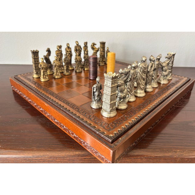 Italian Roman-Style Chess Set Cast Metal and Leather Leather Board Circa 1960 For Sale In Palm Springs - Image 6 of 15