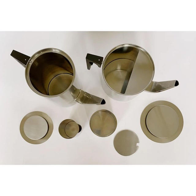 Gorgeous 4-piece Cylinda Line stainless steel coffee and tea set by iconic Danish architect and designer Arne Jacobsen for...
