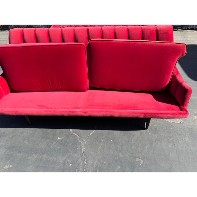 Mid Century Modern Tufted Red Velvet Sofas- a Pair For Sale - Image 9 of 12