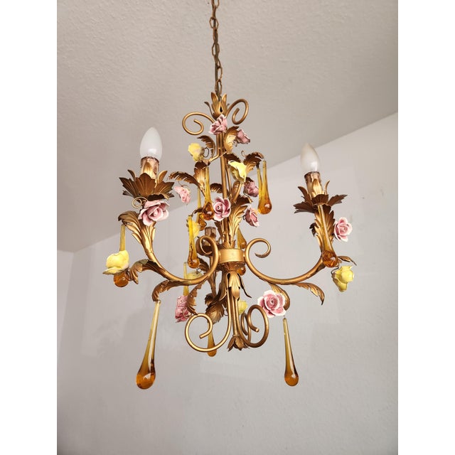 Gold Vintage Venetian Three-Light Chandelier with Murano Glass Drops, 1960s For Sale - Image 8 of 18