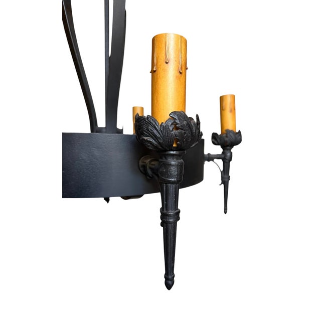 Metal Antique Wrought Iron Chandelier With Botanical Torches For Sale - Image 7 of 9
