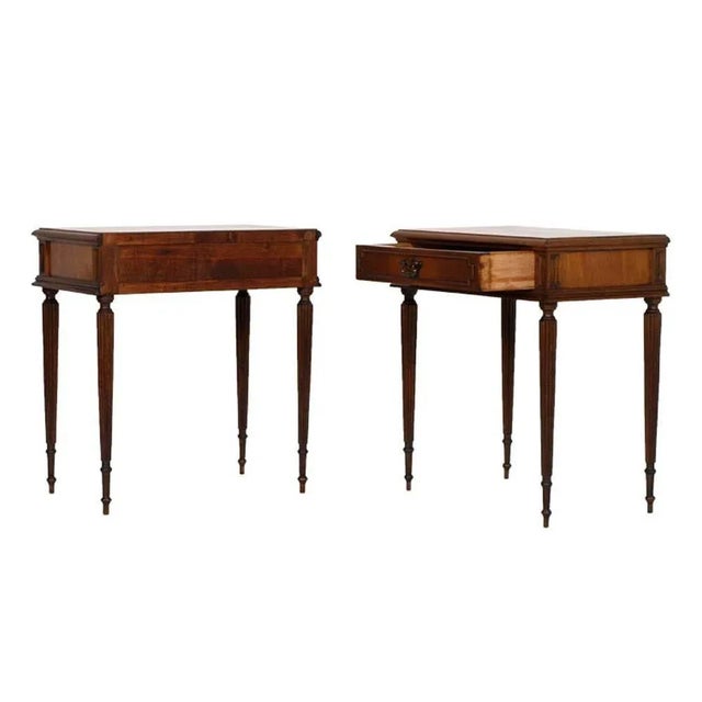 1920s bedside tables in walnut louis xvi . Restored and polished to wax. measures cm: h 61 w 57 d 35.
