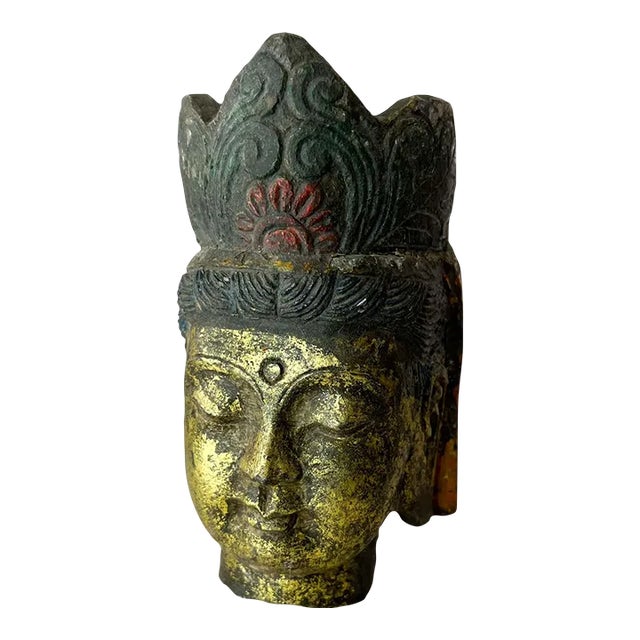 Salvaged Stone Golden Buddha Head Sculpture Ornately Carved Crown For Sale