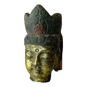 Salvaged Stone Golden Buddha Head Sculpture Ornately Carved Crown