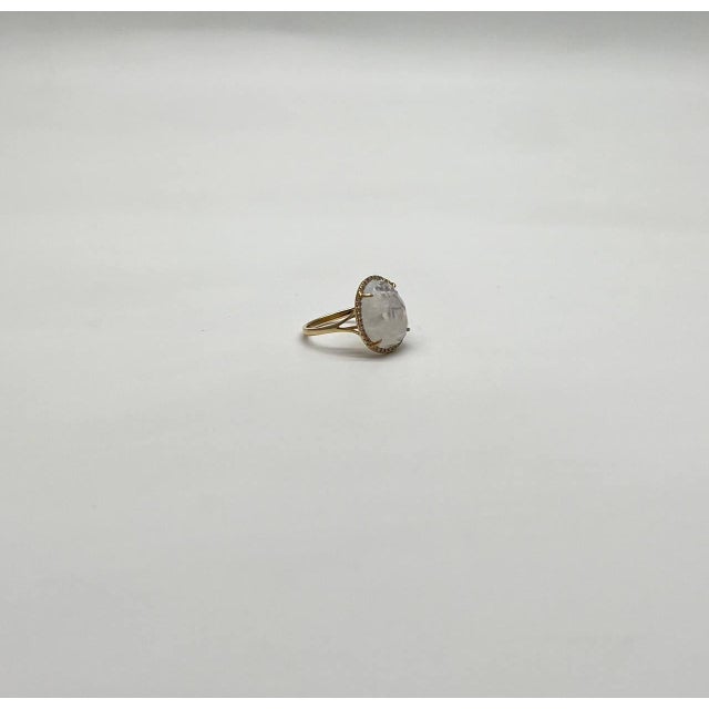 Metal White Moonstone Diamonds Halo Set 14 Yellow Gold Statement Unique Cocktail Ring, Size 6 For Sale - Image 7 of 11