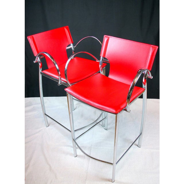 Chrome Chrome and Red Leather Stools, Late 20th Century - a Pair For Sale - Image 8 of 10