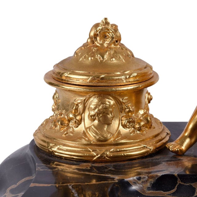 19th Century Dore Bronze Cherub Marble Inkwell For Sale - Image 6 of 11