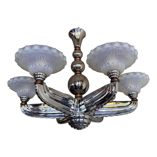 Art Deco Opalescent Glass and Nickel-Plated Bronze Chandelier by Jean Gauthier for Petitot & Ezan, France, 1935 For Sale