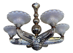 Art Deco Opalescent Glass and Nickel-Plated Bronze Chandelier by Jean Gauthier for Petitot & Ezan, France, 1935