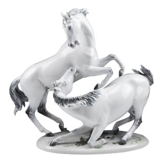 Mid 20th Century Large 16" Hugo Meisel for Rosenthal German Hand Painted Sculpture of Two Horses For Sale