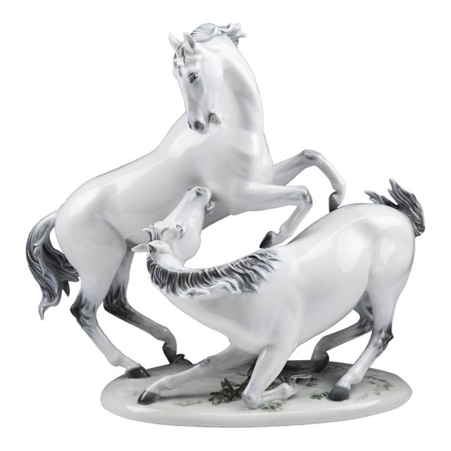 Mid 20th Century Large 16" Hugo Meisel for Rosenthal German Hand Painted Sculpture of Two Horses For Sale
