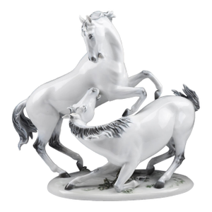 Mid 20th Century Large 16" Hugo Meisel for Rosenthal German Hand Painted Sculpture of Two Horses