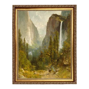 "Bridal Veil Falls Yosemite Landscape" Contemporary Reproduction Print on Canvas After Thomas Hill, Framed 13x16