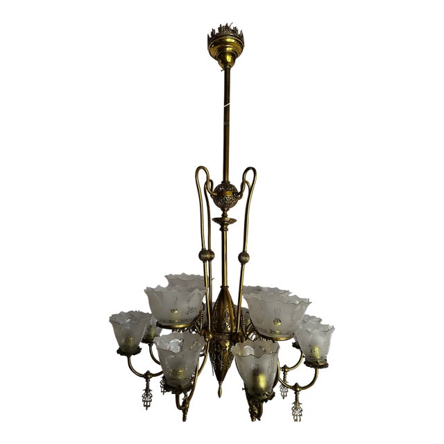 Vintage 12 Light Brass Gas Fixture With Stencil Etched Shades For Sale