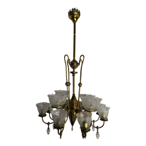 Vintage 12 Light Brass Gas Fixture With Stencil Etched Shades