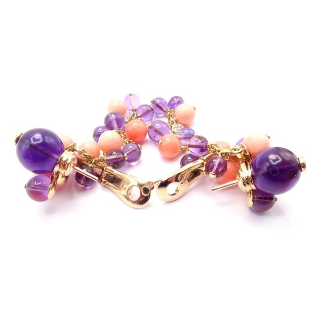 1980s Pair of Cartier Rose Gold Coral Amethyst Diamond Delices De Goa Earrings For Sale - Image 11 of 17