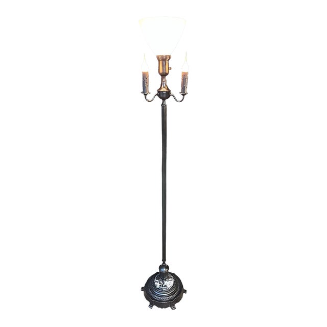 1950s Mid-Century Modern Black Torchiere Floor Lamp With Unique Marble in Base For Sale