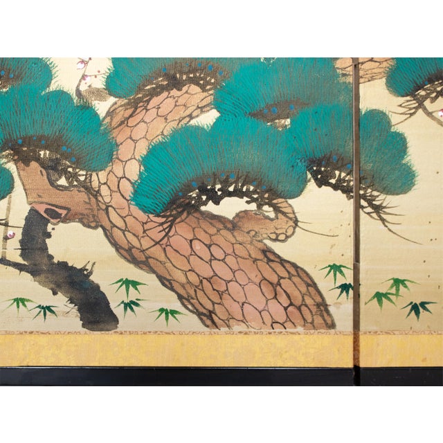 C. 1960s Showa Era Japanese Painted Silk Byobu Screen "Evergreen Pine Tree" For Sale - Image 13 of 18