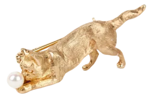 14k Yellow Gold Cat Brooch With 3.9mm Pearl, Late 20th Century