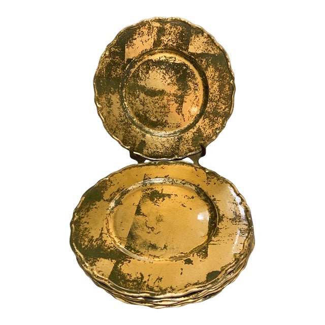 Set of 6 Gold Leaf & Brown 13” Dinner Plate Chargers – Glamorous Maximalist Tableware for Palm Beach Regency, Grandmillennial & See Pics! For Sale